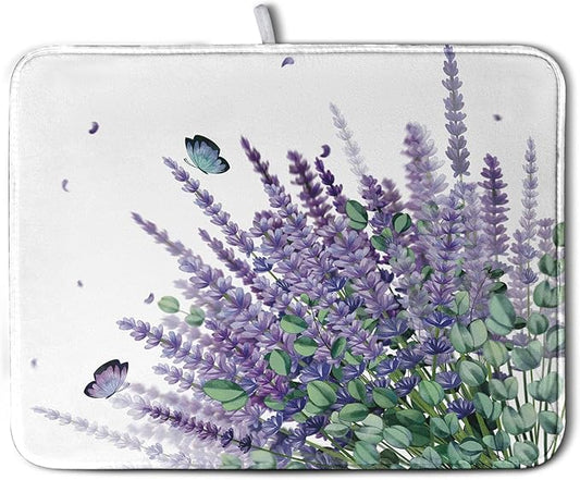 Purple Lavender Dish Drying Mat for Kitchen Counter, 18 x 24 Purple Floral Microfiber Dish Drainer Mats, Absorbent Reversible Microfiber Dish Mat, Butterflies Flowers Kitchen Drying Mats for Dishes