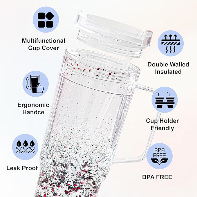 AGH 40 oz Snow Globe Tumbler with Handle,4 Pack Pre-Drilled Double Wall Vacuum Reusable plastic Water Bottle for DIY