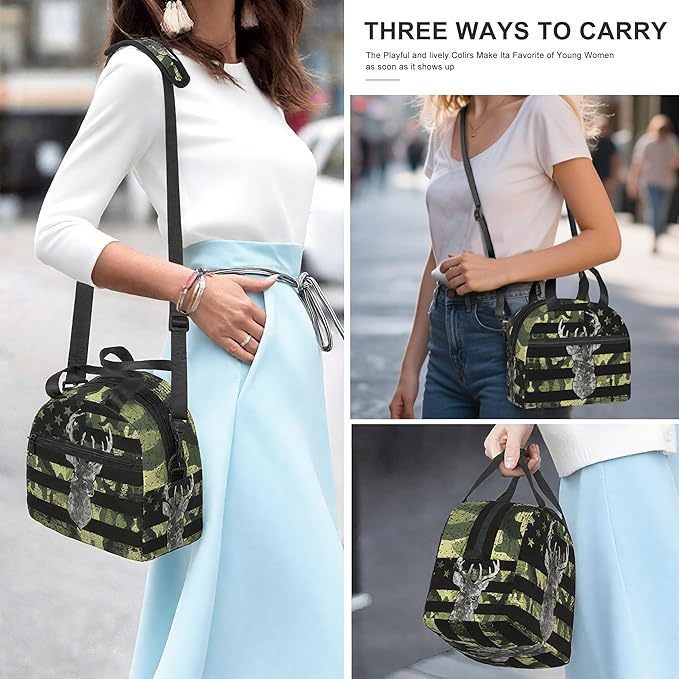 American Flag Deer Camo Reusable Insulated Lunch Box Waterproof Lunch Bag with Detachable and Adjustable Shoulder Strap for Office Picnic or Travel