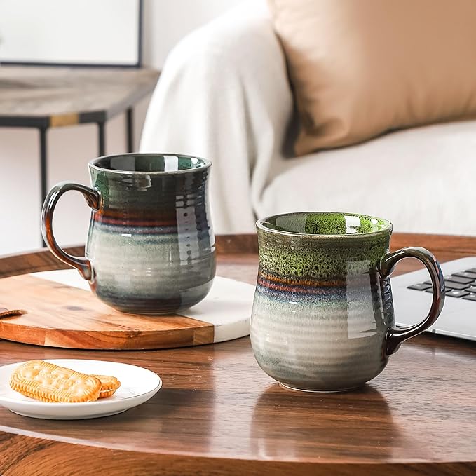21 oz Large Ceramic Coffee Mugs, Pottery Mug Handmade, Ceramic Tea Cups with Handle for Office and Home, Dishwasher and Microwave Safe (Ink Green)