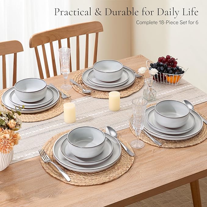E-far Stoneware Dinnerware Sets for 6, 18 Pieces Reactive Glaze Plates and Bowls Sets, Elegant Dishes with Rustic Terracotta Clay Base, Dishwasher & Microwave Safe, Scratch Resistant, Glacier White