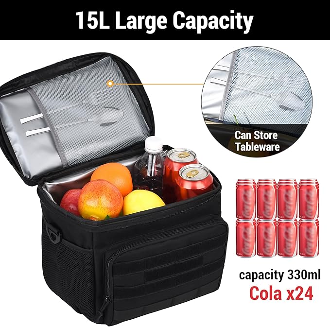 Tactical Lunch Box for Men, Insulated Lunchbox Waterproof Leakproof Cooler Lunch Bag for Work Outdoor Picnic, 24 Cans/15 L, Black