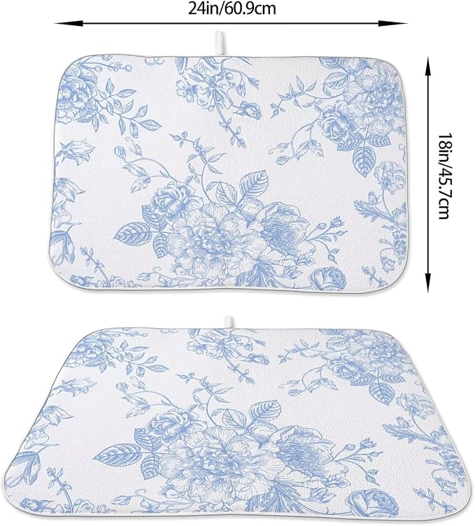 Baby Blue Chinoiserie Floral Dish Drying Mat 18 x 24 inch Vintage Flower Decorative Drying Mats Microfiber Absorbent Dish Washable Draining Mat for Kitchen Counter Decor