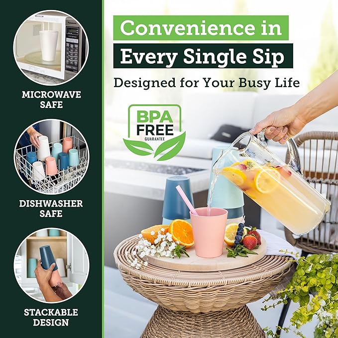 Grow Forward Premium Wheat Straw Cups - 13 & 20 oz Unbreakable BPA Free Hard Plastic Cups - Reusable Lightweight Plastic Drinking Glasses for Kitchen, Outdoor, Water, Camping, RV - Tropical