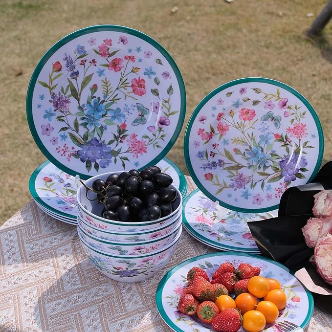 Melamine Dinnerware Set 12-Piece for 4 Dish Set Plates Bowls Unbreakable Dishware for Indoor Outdoor Use Lightweight Durable for Camping Picnics Parties Green