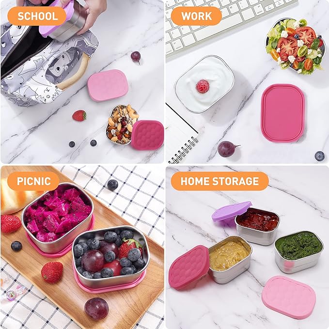 Small (1 CUP) Stainless Steel Snack Containers for Kids | Easy Open Leak Proof Food Containers with Silicone Lids - Perfect Metal Toddler Lunch Box for Daycare and School (8oz)