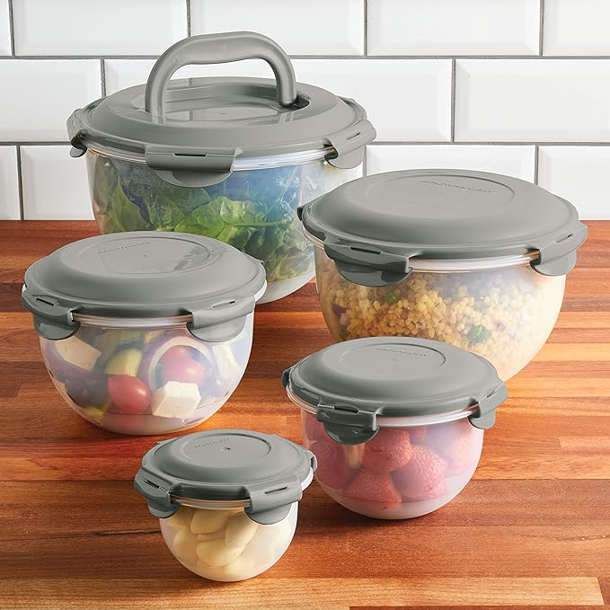 Rachael Ray Leak-Proof Nestable Container Food Storage Bin Set, 10-Piece, Clear with Gray Lids (Pack of 2)