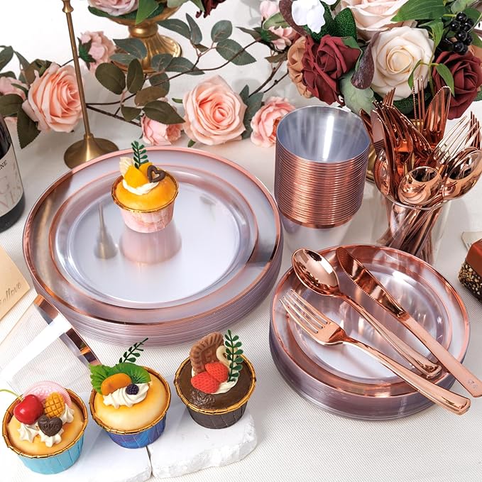 bUCLA 600PCS Clear Rose Gold Plastic Dinnerware Set Disposable - Include 100 Dinner Plates, 100 Dessert Plates, 100 Knives, 100 Forks, 100 Spoons, 100 Cups for Party, Wedding & Mother’s Day