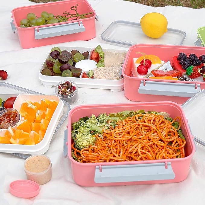 3 Pack Salad Lunch Box Food Storage Containers, 47oz Bento Box To Go Container with Lids, Meal Prep Containers with Removable Tray & Dressing Pots for Kids and Adults, Reusable and Microwave Safe