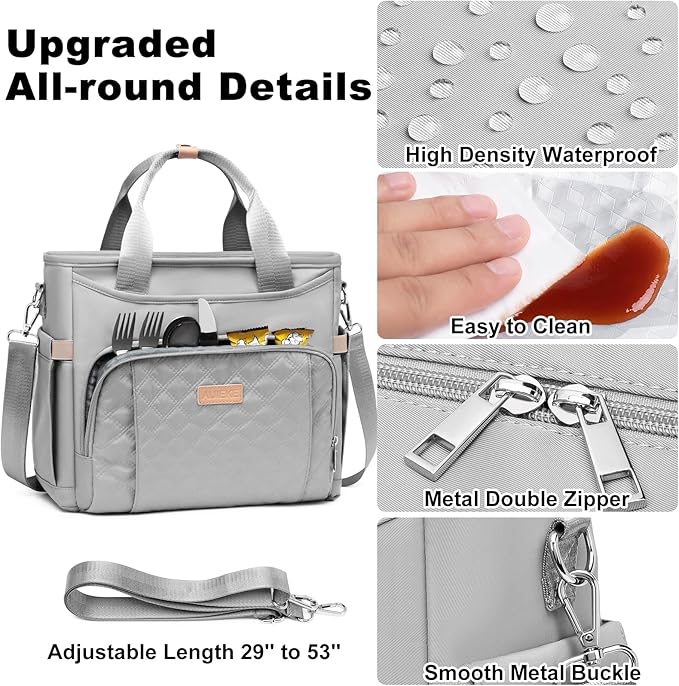AIJIEKE Insulated Lunch Bag for Men Women, Lunch Box, Lunch Tote for Work, Large Leak Proof Cooler Bag with Removable Strap, Reusable Adult Lunchbag, Picnic, Office, Beach, Grey