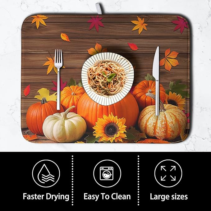 AutumnThanksgiving Pumpkin Dish Drying Mat for Kitchen Counter 16x18 Inch Fall Sunflowers Maple Leaves Harvest Kitchen Drying Mat Microfiber Super Absorbent Dish Rack Drainer Mat with Hanging Loop