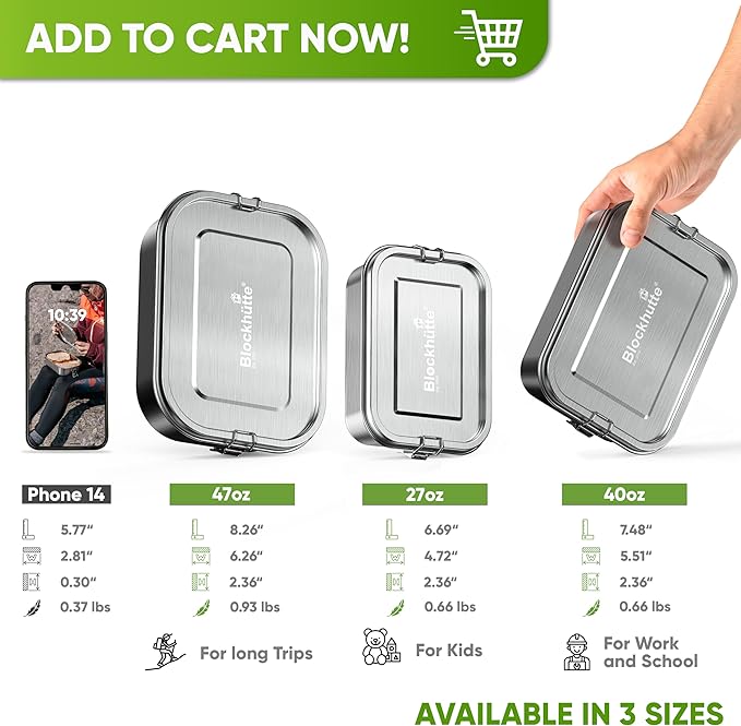 Blockhütte Stainless Steel Lunch Box for Adults I 40oz I with free Sealing I Metal Bento Box with 3 Compartments, Leak-Proof Lunch Container, Metal Food Storage for Travel, Work, Eco-Friendly