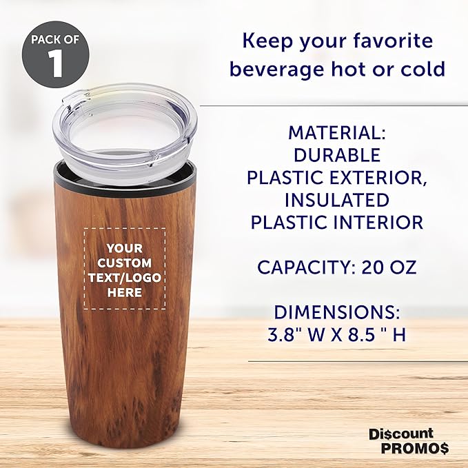DISCOUNT PROMOS Custom Plastic Tumblers 20 oz. Set of 1, Personalized Bulk Pack - With lids, Ice Coffee Tumbler, To Go Cup, Insulated - Wood