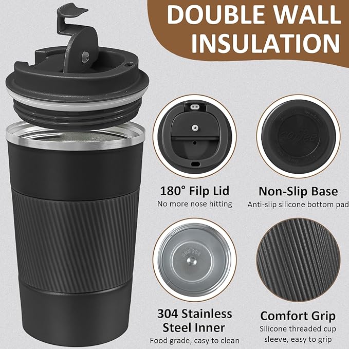 4 Pack Insulated Coffee Mug with Lid 17oz Travel Coffee Tumbler Stainless Steel Reusable Coffee Cups Thermal Coffee Mug for Hot and Iced Cold Drinks, Black
