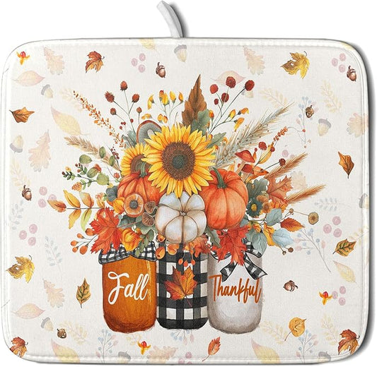 Autumn Pumpkin Dish Drying Mat 16x18 Inch Sunflower Flower Vase Washable Draining Mat with Hanging Loop Seasonal Holiday Home Decoration