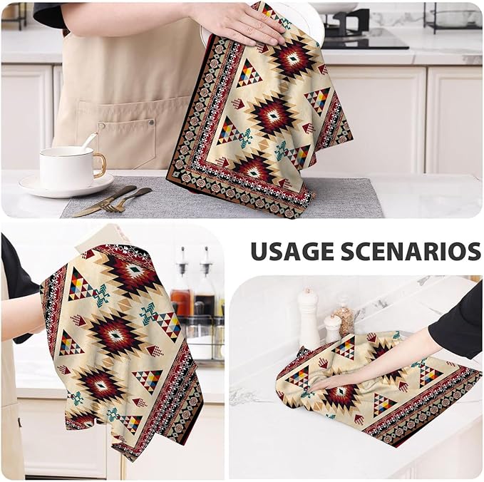 Western Aztec Boho Kitchen Towel Set of 2, Southwestern Native American Decorative Dish Towels Absorbent Red Vintage Hand Drying Cloth Holiday Housewarming Gifts Aztec Kitchen Decor 16"x24"