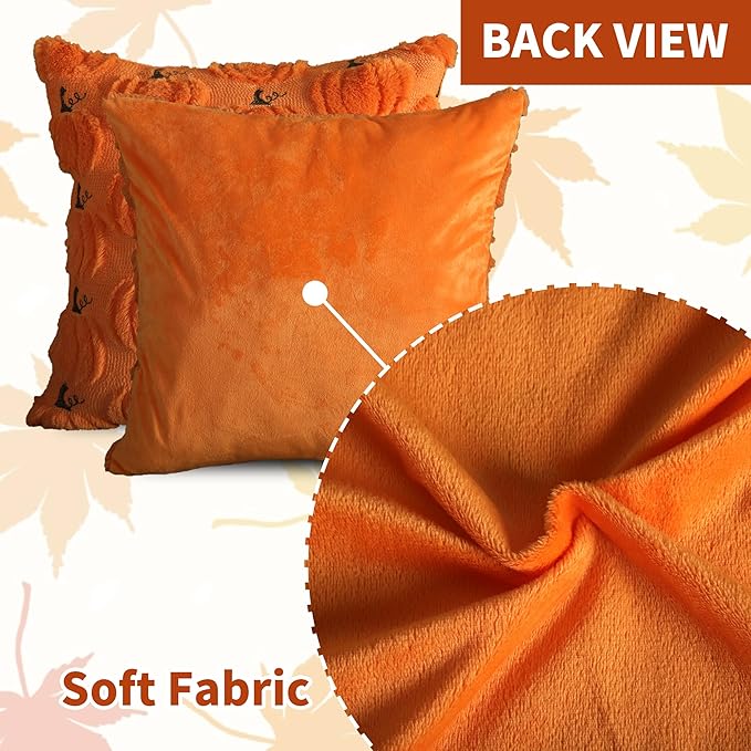4TH Emotion Fall Pumpkin Decorative Pillow Covers 16x16 Set of 2, Orange Soft Plush Faux Fur Wool Farmhouse Throw Cushion Cases for Autumn Thanksgiving Holiday Home Decorations