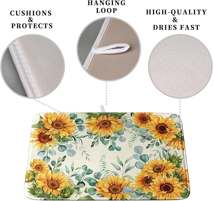 Sunflowers Dish Drying Mat for Kitchen Counter Yellow Flower Green Leaves Dish Draining Mats Spring Summer Floral Dishes Pad Microfiber Absorbent Dish Drainer Rack Mat Extra Large 18x24 Inch
