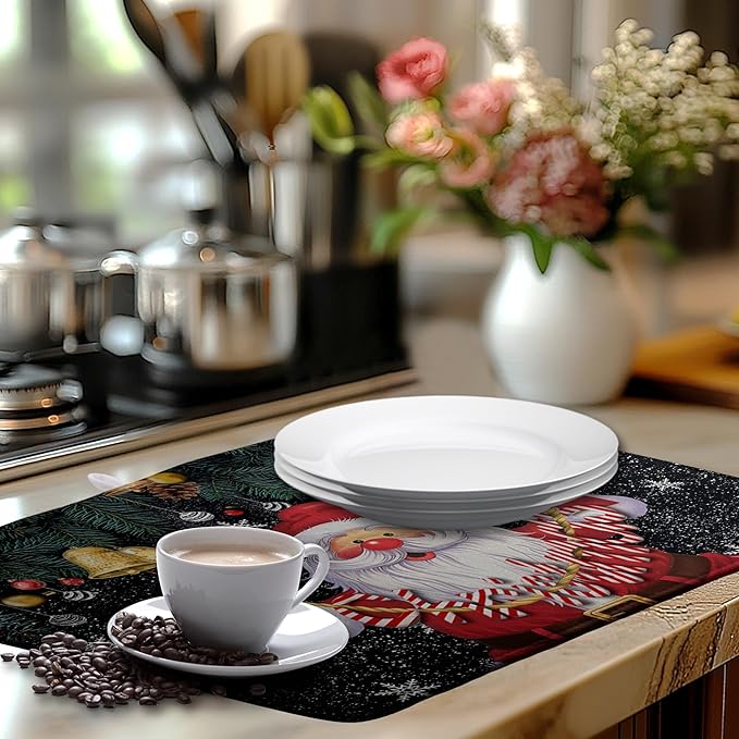 Christmas Santa Claus Dish Drying Mat Winter Drying Dish Mat for Kitchen Countertops Xmas Dish Dryer Mat Microfiber Dishes Drainer Pad Dish Drying Pad (18x24 in)