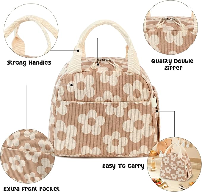 Bluboon Lunch Bag for Women Men Cute Corduroy Lunch Tote Bags Reusable Insulated Lunch Box Large Capacity Reusable Insulated Cooler for Work Picnic or Travel