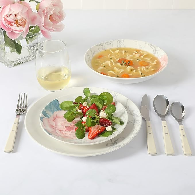Martha Stewart Peony 12 Piece Porcelain Floral Chip and Scratch Resistant Dinnerware Set