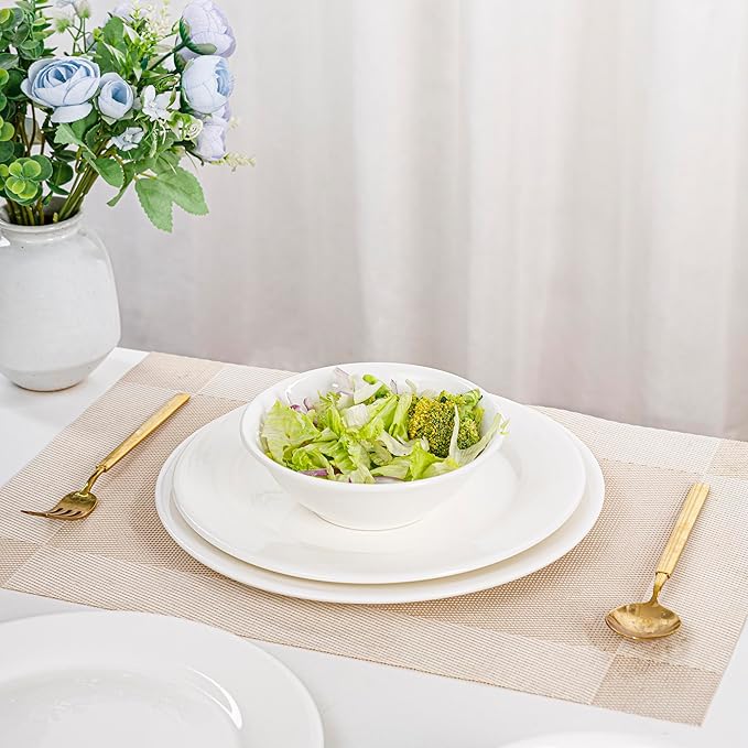 16 Piece White Dinnerware Sets for 4, Porcelain Plates and Bowls Sets, Dishwasher Oven and Microwave Safe - Elegant Kitchen Dish Sets, QOMO-1996