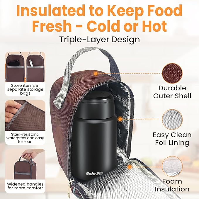 2 Pack Soup Thermo for Hot Food for Adults, Insulated Food Jar, Stainless Steel Vacuum Thermal Lunch Box Containers with Carry Bag and Spoon (18.5oz, 27oz) (Black)