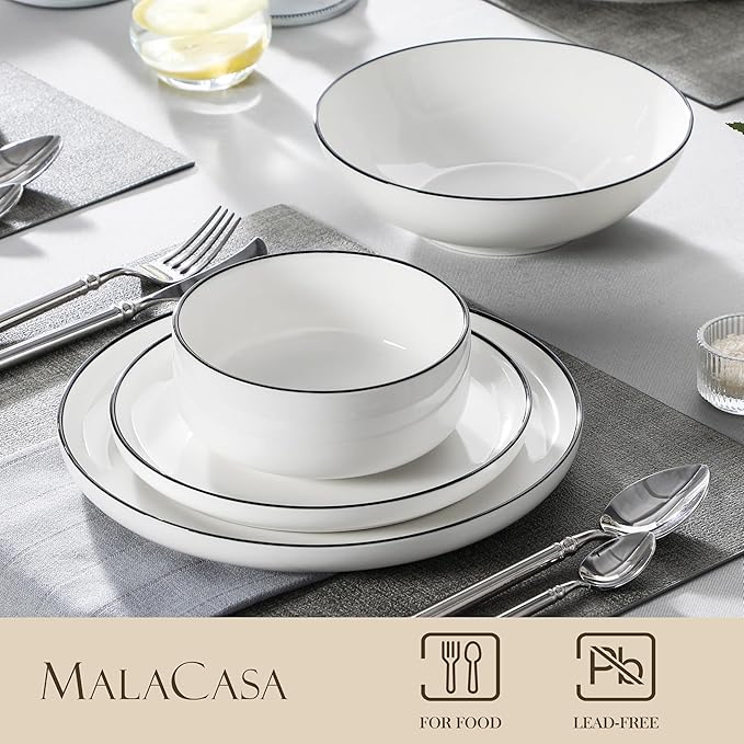 MALACASA Plates and Bowls Sets, 24 Pieces Modern Porcelain Dinnerware Set for 6 Ceramic Dishware Dishes White Kitchen Dinner Dining Ware Set wtih Black Rim Microwave and Dishwasher Safe, Series LUNA