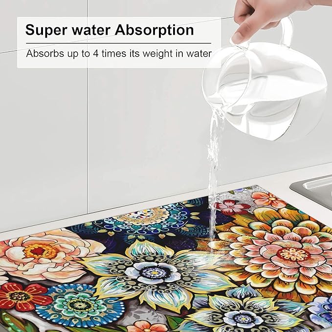 Boho Floral Dish Drying Mat for Kitchen Counter, 18 x 24 Inch Microfiber Dish Mats for Drying Dishes, Absorbent Large Dish Drying Pad Mandala Rack Mat Kitchen Decor