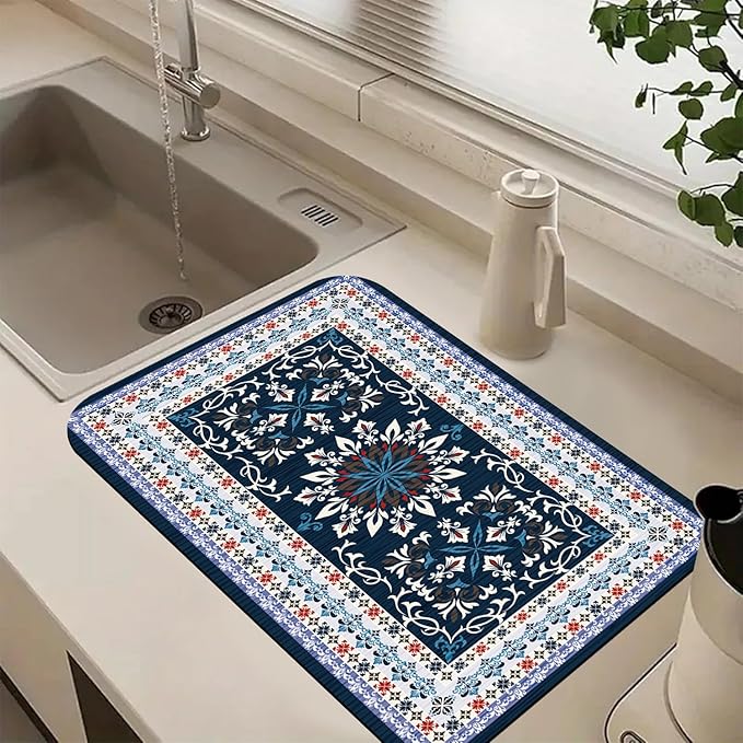 Boho Geometric Rug Dish Drying Mats Super Absorbent Dish Drainer Rack Pad Non-Slip Drying Mat for Kitchen Counter, 24"x16"