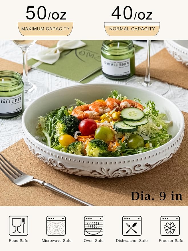 YHOSSEUN Pasta Bowls Set of 4, 50 OZ Large Salad Serving Bowls, 9.75" Pasta Plates Shallow Bowls Set, Microwave Dishwasher Safe, Antique Morning Glory