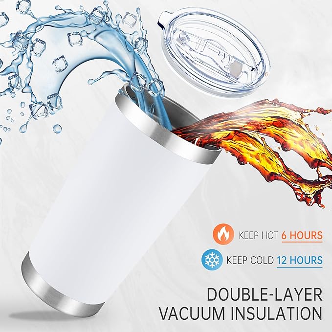 20 oz Tumblers Bulk Stainless Steel Tumbler with Lid Double Wall Vacuum Insulated Coffee Mug 20oz Powder Coated Cup for Hot and Cold Drinks, White, 12 pack