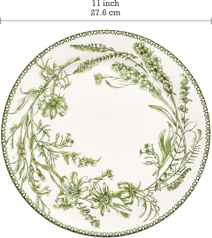 Bico Green Garden Toile De Jouy Dinner Plates Set of 4, 11 Inch Large Ceramic Plates for Pasta, Steak, Stylish Serving Dishes, Microwave and Dishwasher Safe, Gift for Housewarming and Thanksgiving