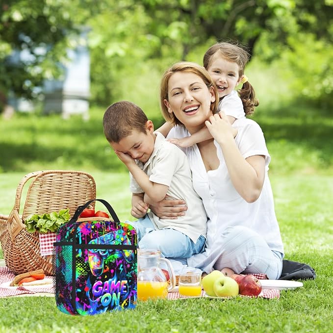 Video Game Lunch Box for Boys, Insulated Reusable Game Lunch Bag for Kids Teens Portable Waterproof Leakproof Gaming Lunch Tote Bag Boys Lunchbox for School Picnic Travel Beach Back to School Gifts