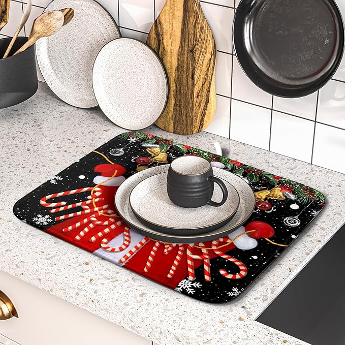 Christmas Dish Drying Mat for Kitchen Counter Santa Claus Winter Snowflake Xmas Jingle Bells Dishes Pad Dish Drainer Rack Mats Absorbent Fast Dry Kitchen Accessories,16 x 18 inch