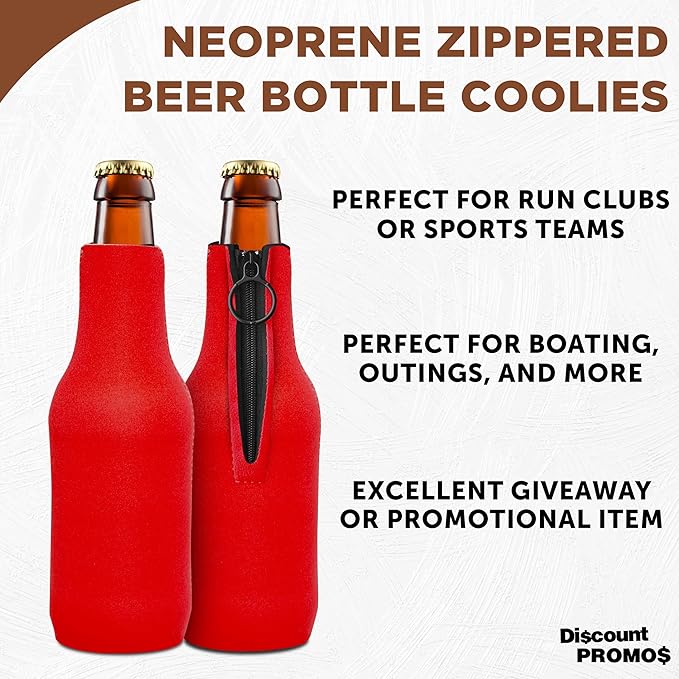 10 Neoprene Zippered Beer Bottle Coolies Pack - Sharkskin Rubber Bottom - Red