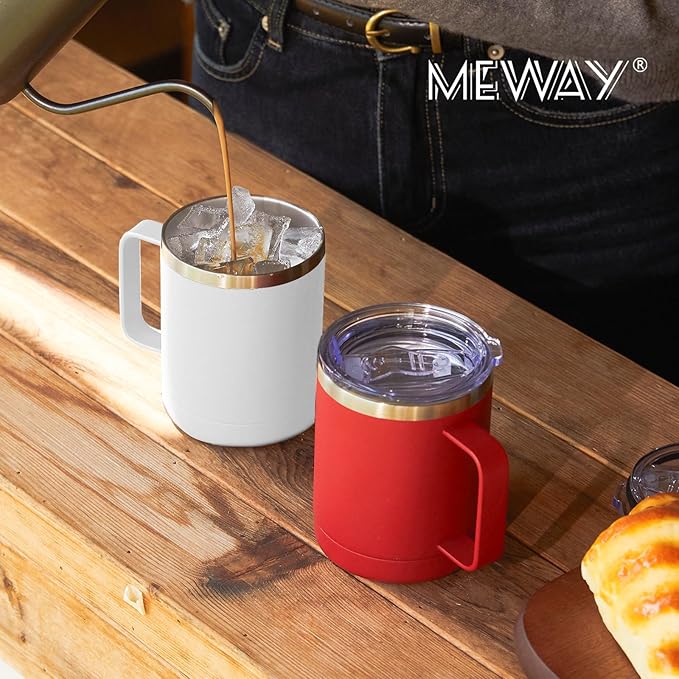 MEWAY 12oz Coffee Mug With Handle 4 Pack Bulk,Stainless Steel Insulated Travel Tumblers With Sliding Lid,Double Wall Vacuum Camping Cup for Hot & Cold Drinks Tea (White,Set of 4)