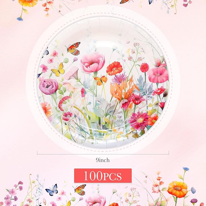 Zhehao 100 Pcs Wildflower Paper Plates 9 Inch Disposable Summer Plates Party Decoration for Birthday Picnic Spring Wedding Baby Shower