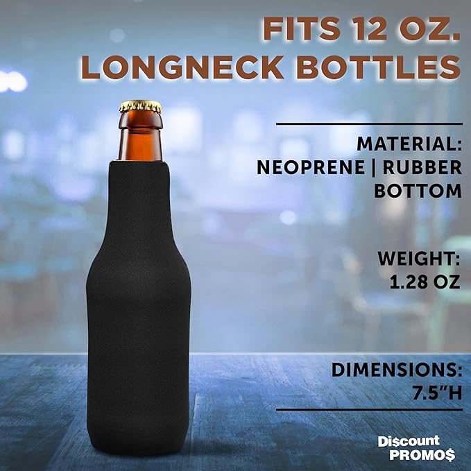 10 Neoprene Zippered Beer Bottle Coolies Pack - Sharkskin Rubber Bottom - Black