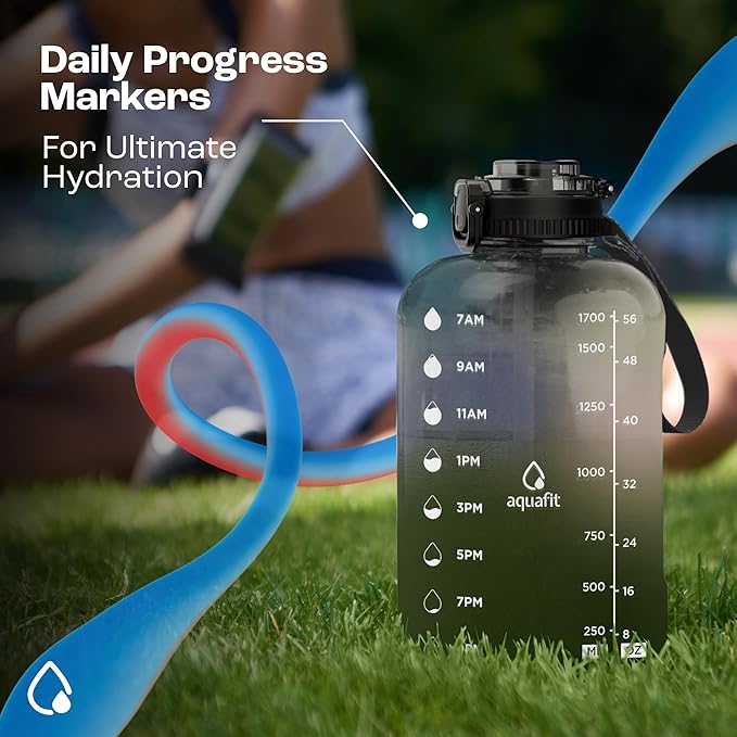 AQUAFIT Half Gallon Water Bottle with Time Marker - Straw & Chug Lid - BPA Free Gym Water Bottle with Straw - Big Gallon Jug (Midnight Gray, 64 oz - 2in1 Lid)