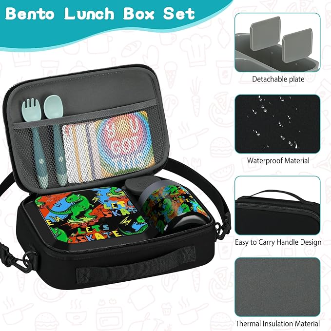 Bento Lunch Box for Kids with 12oz Soup Thermo Leak-Proof Lunch Food Container with 5 Compartment Thermo Hot Food Jar and Insulated Lunch Bag for Kid Toddler Girls Boys to School
