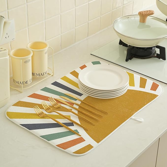 Summer Dish Drying Mats 18x24 Inch Rainbow Sun Stripes Yellow Sunshine Decorative Drying Mats Outdoor Boho Farmhouse Kitchen Decor Coffee Bar Mat for Kitchen Dining Room Decor