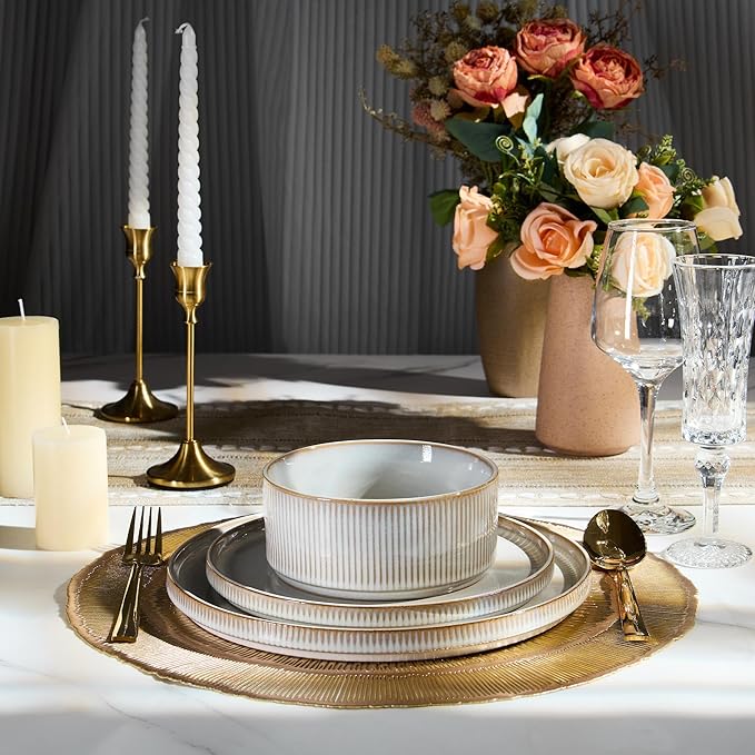 E-far 16 Piece Dinnerware Sets, Plates and Bowls with Pasta Bowls Service for 4, Modern Stoneware Ribbed Dishes for Kitchen Dining, Microwave & Dishwasher Safe, Creamy Beige