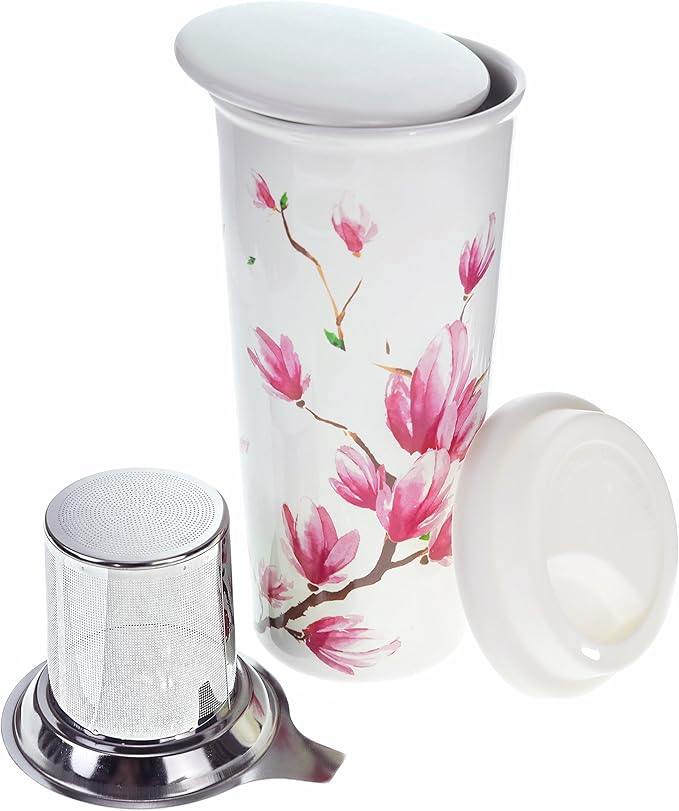 Willow & Everett 16oz Double-Walled Ceramic Tea Cup with Infuser and Lid. Tall Coffee Mugs - Magnolia Finish