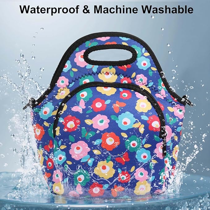 CILLA Neoprene Lunch Bag for Women Insulated Lunch Tote Bags Washable Lunch Container Box Picnic Lightweight Meal Prep Bags(Butterfly Wild flowers+)