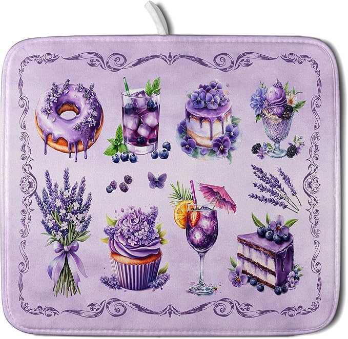 Purple Dish Drying Mats for Kitchen Counter Washable Drying Pad Absorbent Coffee Mat - Delicious Afternoon Tea