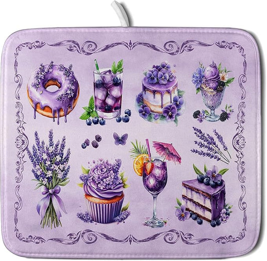 Purple Dish Drying Mats for Kitchen Counter Washable Drying Pad Absorbent Coffee Mat - Delicious Afternoon Tea