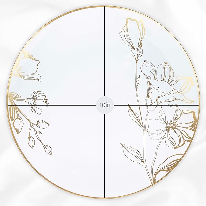 [10'' Plates 40 Count] White Plastic Floral Design Party Dinner Plates With Gold Rim Premium heavyweight Elegant Disposable Tableware Dishes