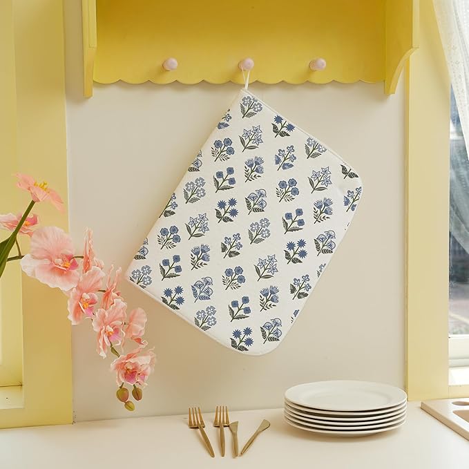 Blue Sage Green Block Print Dish Drying Mats 18x24 Inch Blue Sage Green Vintage Spring Floral Decorative Drying Mats Summer Outdoor Decor Coffee Bar Mat for Kitchen Dining Room