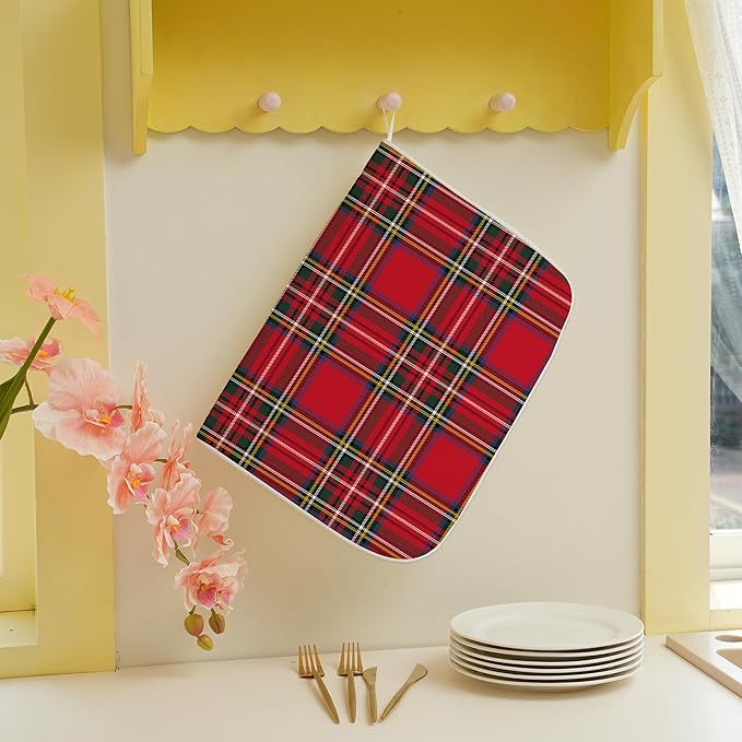 Christmas Buffalo Plaid Dish Drying Mats 18x24 Inch Red Drying Mats Xmas Winter Holiday Kitchen Decor Absorbent Drying Dish Pad Rack Drainer Mats for Kitchen Dining Room Counter